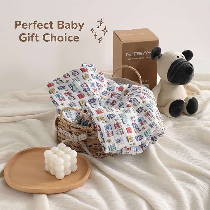 NTBAY 2 Layer Muslin Cotton Baby Swaddle Blanket, 30x40 Soft and Breathable Receiving for Newborns and Infants, Perfect for Crib, Stroller, Travel, Lightweight Nursery Blanket, Cartoon Train