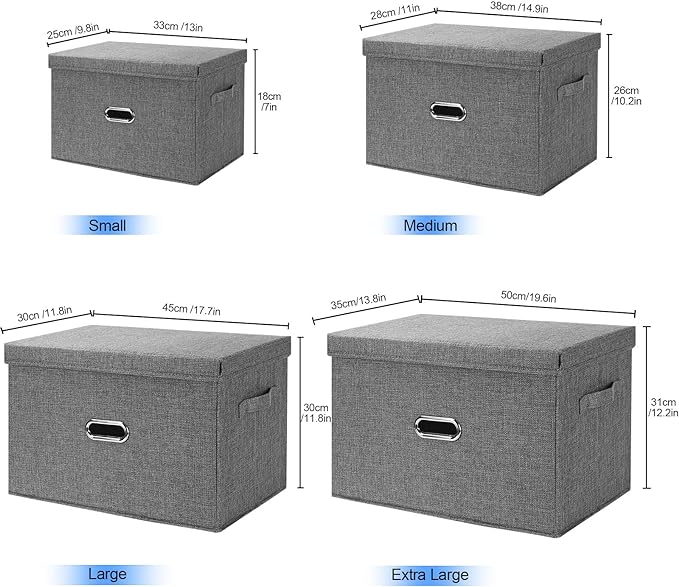 Large Linen Fabric Foldable Storage Bins with Removable Lid and Handles, Washable Storage Box Organizer Containers Baskets Cube with Cover for Bedroom,Office (Khaki, Extra Large(2-Pack))