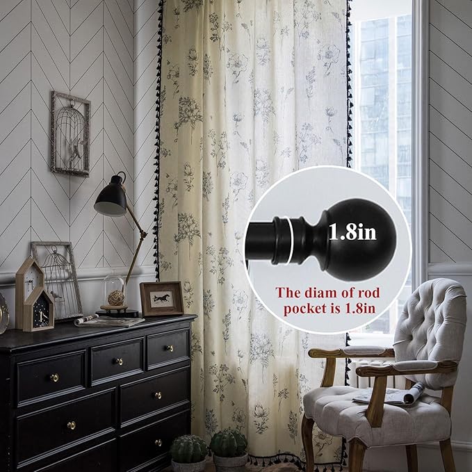 Boho Curtains 84 Inch Length 2 Panels Farmhouse Living Room Semi Sheer Drapes Vintage Floral Tassel Window Curtain Panel Bedroom Grey and Off White Cotton Linen Blend Rod Pocket Window Treatment