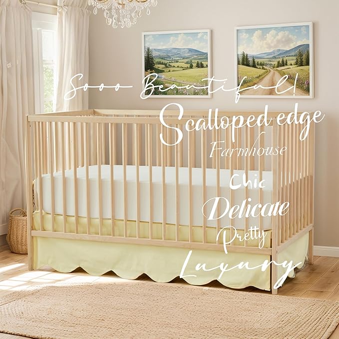 Brandream Scallop Edge Cotton Crib Skirt Toddler Bedskirt Baby Nursery Crib Bed Skirt Boho Bohemian Neutral Solid Color Light Yellow Farmhouse Chic Bedding Skirt
