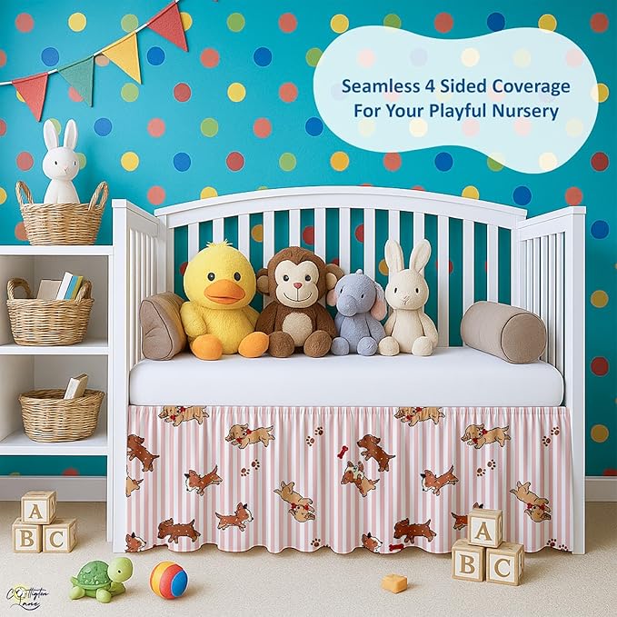 Cottington Lane Crib Skirt Dust Ruffle, 100% Natural Cotton, Soft, Durable Nursery Crib Toddler Bedding Skirt for Baby Girls or Boys, Fits Standard Cribs 28" x 52" with 14" Drop, Puppy Love