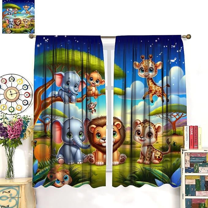 Jungle Safari Window Curtains for Kids Boys Girls Watercolor Cartoon Forest Animals Baby Living Room Bedroom Nursery Toddler Rod Pocket Drapes 42" W X 45" L