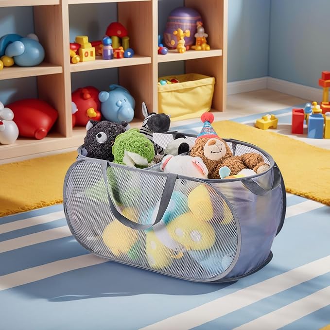 Large Toys Storage Basket Organizer Box for Kids, Boys, Girls - Foldable Toy Storage Bins with Dividers & 2 Sturdy Handles for Living Room, Bedroom, Playroom, Kidsroom (Grey, 2 Compartments)