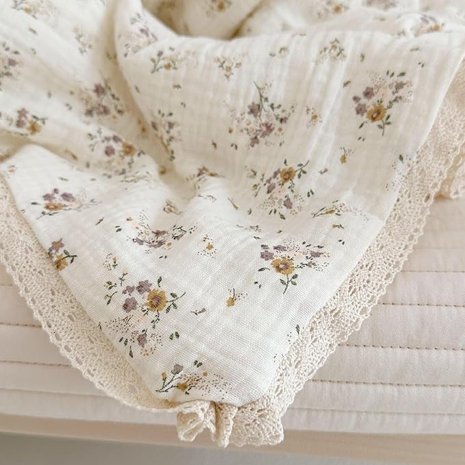 BuLuTu Muslin Baby Quilt for Girls Boys Quilted Blanket 2 Layers Gauze Cotton Baby Blanket Nursery Bed Blanket Shower Gift for Toddler Newborn, Crapemyrtle Pattern, 47"x59"