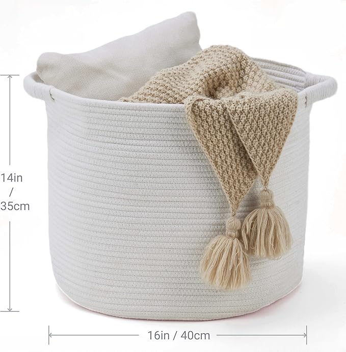 Blanket Basket - Woven Round Rope Storage Basket (16"Wx14"H) for Blankets & Throws, Small Laundry & Toy Organizer, Decorative Living Room & Bedroom Cotton Basket - All White