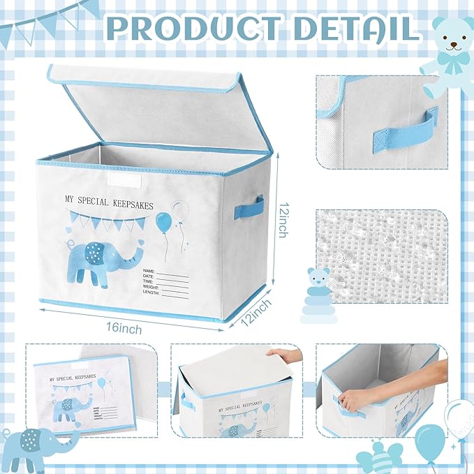 LemonRoad 16x12x12inch Baby Memories Keepsake Box Baby Shower Blue White Elephant First Keepsake Box New Parent Newborn Baptismal Birthday Gift for Mementos Travel Loved Ones Treasured Keepsakes
