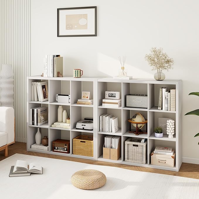 White 9 Cube Storage Organizer with Thickness Wooden Board, Wooden Nice Cube Storage Organizer, 9 White Cubbies Shelf for Bedroom, Living Room, Playroom, 14.6" × 43.8" × 43.8"
