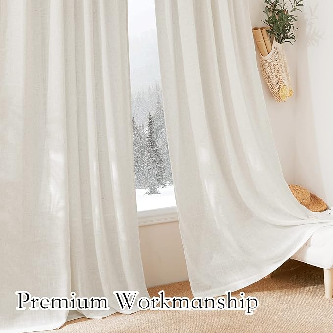 RYB HOME Linen Sheer Curtains - Linen Textured Fabric Semi Sheer Window Decor Light and Airy Privacy Drapes for Doorway Bedroom Living Room, 52 inch Wide x 72 inch Long, 1 Pair, Linen
