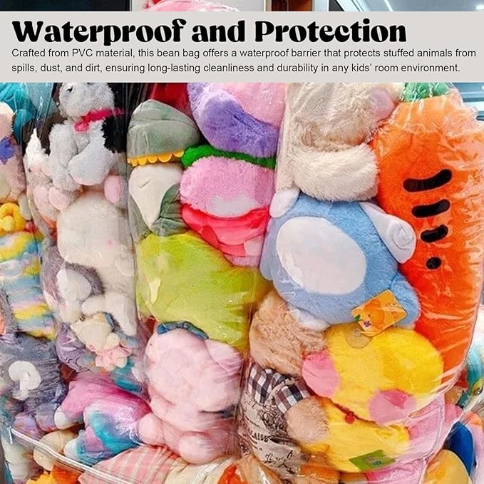 Stuffed Animal Bean Bag Storage Chair Extra Large PVC Clear Waterproof Kids Sofa Organizer for Plush Toys, Bath Toys, Clothes, Blankets and Sitting 29.5x29.5x23.6in