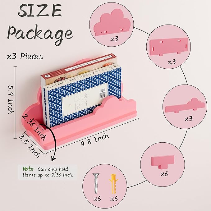 Cloud Shelves for Kid’s Room Nursery Wall Deor Set of 3, Pink Cloud Bookshelf, Small Figure Shelf Wall Mounted, Cute Decorative Solid Wood Floating Shelves for Toys, Plants & Storage