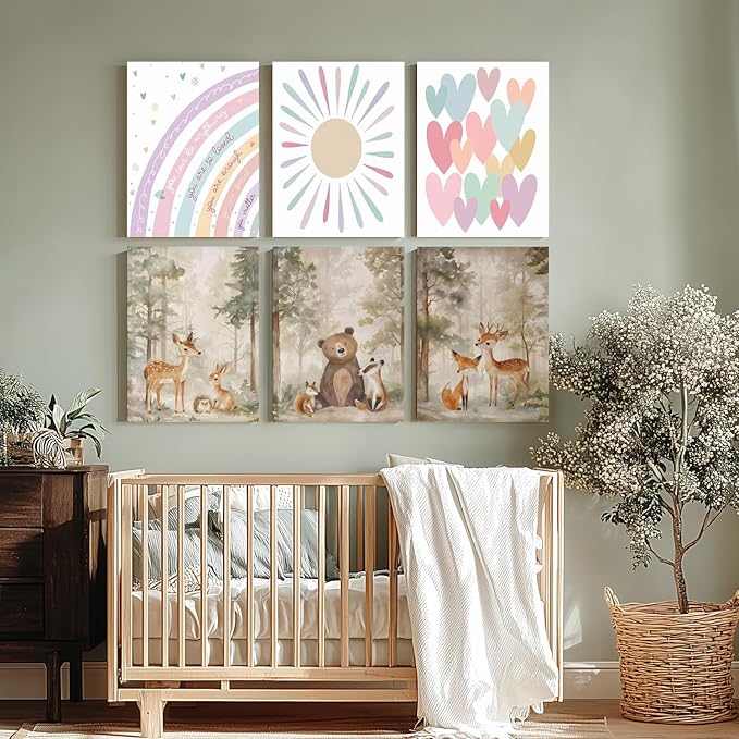 LLEEMPI Framed Pink Heart Sun Rainbow Wall Art Set of 3, Baby Room Wall Decor, Boho Rainbow Nursery Canvas Painting, Classic Minimalist Poster Prints for Bedroom Bathroom Classroom 16x24 Inch