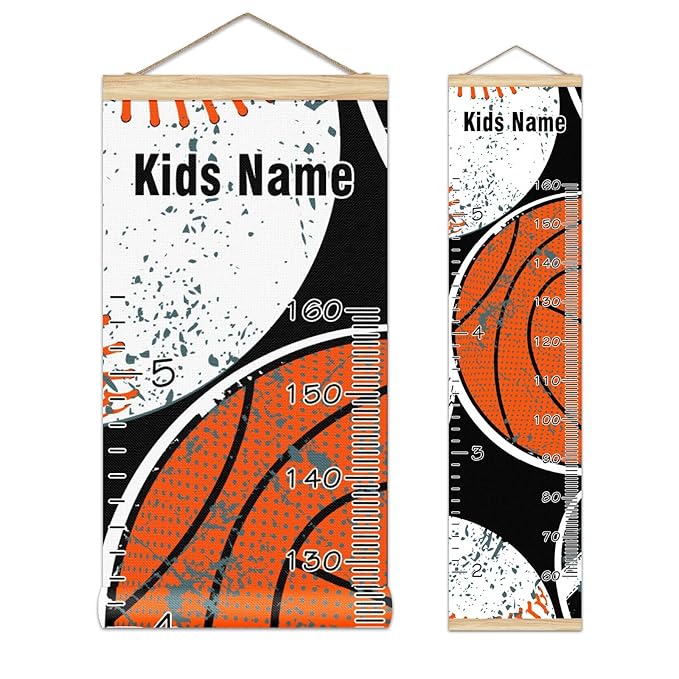 Personalized Kids Name Growth Chart Ruler for Wall Wood Frame Height Measure Chart 13.4x56 in Linen Hanging Height Growth Chart Balls Kids Room Decor
