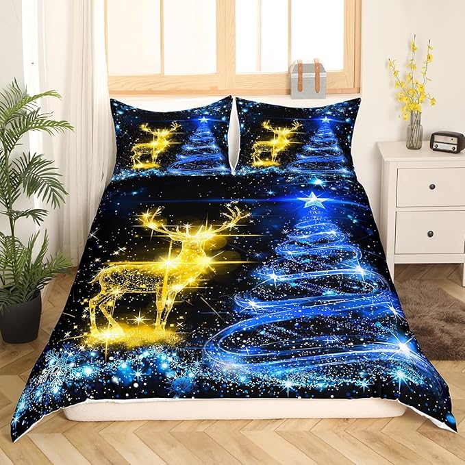 Christmas Duvet Cover Set Full Size Gold Reindeer Bedding Set 3pcs for Kids Boys Girls Room Decor Blue Christmas Tree Comforter Cover Western New Year Theme Quilt Cover with 2 Pillowcases,No Comforter