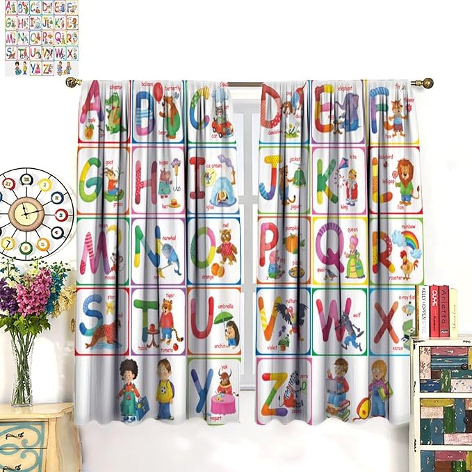 Kids Alphabet Curtains Cartoon Animal Funny Education Learning Curtain with Rod Pocket for Bedroom Nursery Children Toddler Decor Drapes Window Treatments 2 Panels Set 63" W X 63" L