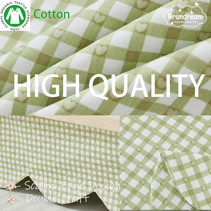 Brandream Scallop Edge Cotton Crib Skirt, Baby Boy Girl Gender Neutral Crib Skirt Toddler Bedskirt Farmhouse Chic Nursery Crib Bed Skirt, Boho Bohemian Green Gingham