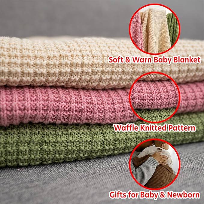 Baby Knit Blanket, 100% Cotton Waffle Patterns, Soft, Cozy, Lightweight Swaddle for Newborn & Infant Swaddling Beige Neutral, Perfect Baby Shower Ideas Mocha 28x36