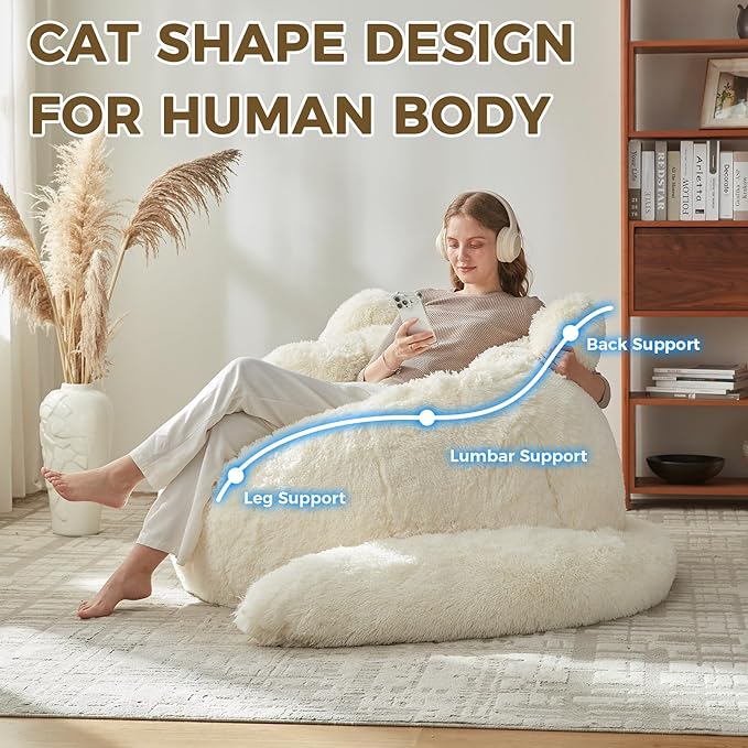 Bean Bag Chair for Adults Teen,Giant Bean Bag Chairs Cat Design,Plush Faux Fur Beanbag Couch Comfy Accent Floor Sofa for Reading, Playing, Relaxing in Living Room, Bedroom