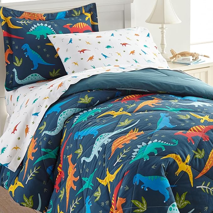 Wildkin 5-Piece Twin Bedding Set – 100% Cotton Comforter, Sheets & Pillowcase for Cozy Cuddles - Jurassic Dinosaurs