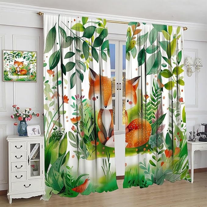 Kids Fox Curtain Cute Cartoon Fox Window Treatment for Girls Boys Bedroom Wildlife Woodland Animal Botanical Plant Window Drapes for Living Room Teens Nursery W42xL63(Decor)