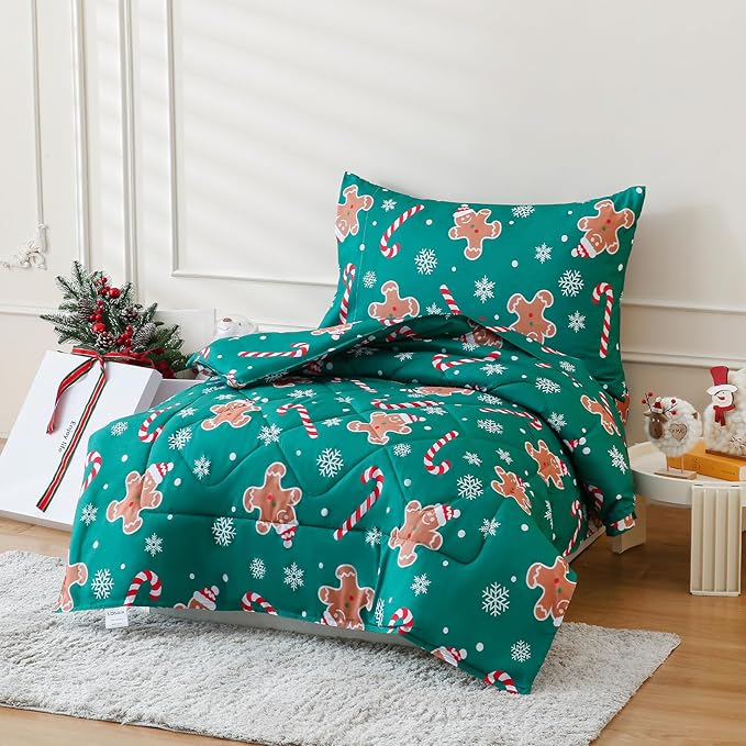 LONAVA Toddler Kids Comforter Set - 4 Pieces Toddler Bedding Sets for Boys Girls Children, Ultra Soft Microfiber Bed in A Bag with Flat Fitted Sheets, Gingerbread Man