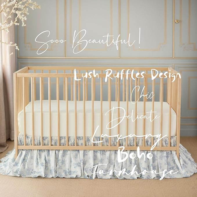 Brandream French Country Toile Floral Print Cotton Crib Skirt Toddler Bedskirt Baby Nursery Crib Bed Skirt Boho Bohemian Neutral Blue Farmhouse Chic Ruffles Skirt