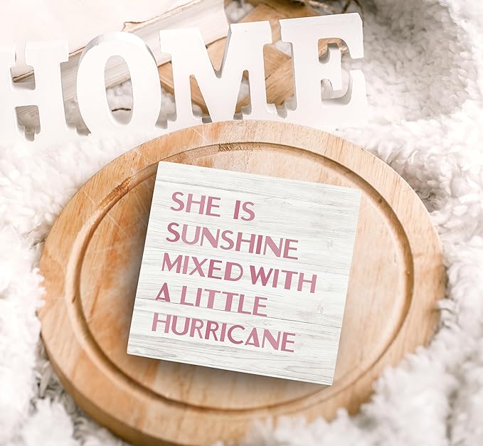 SRADMO She is Sunshine Mixed with a Little Hurricane Boho White Wood Box Sign Desk Decor, Baby Girls Inspirational Wooden Box Decor for Girls Room Nursery Playroom Shelf Table Decorative Accessories