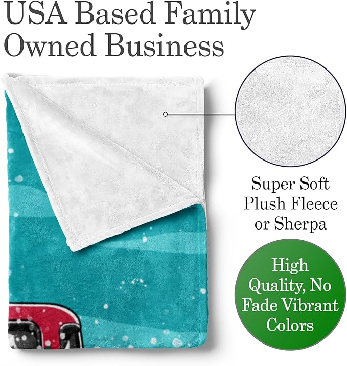 Personalized Christmas Blanket, Vintage Red Truck and Tree - Ships Next Day, Printed in USA - Warm Fleece or Sherpa Sofa Throw, Cute Holiday Décor - Customizable Family Throws (Sherpa 60x80)