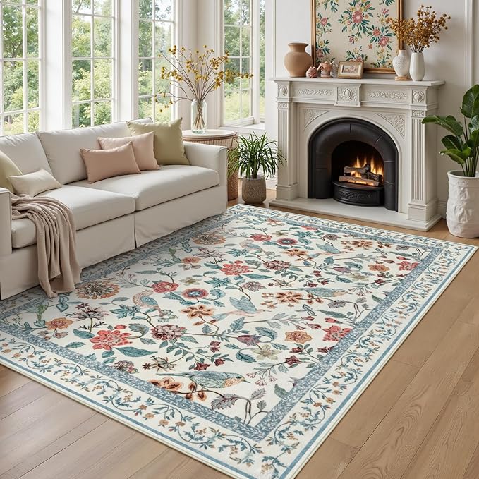 Blue Floral 5x7 Area Rug, Washable Non-Slip Boho Rugs for Living Room Low Pile Flower Birds Bedroom Rug, Soft Non-Shedding Botanical Indoor Carpet for Nursery Playroom Dining Room