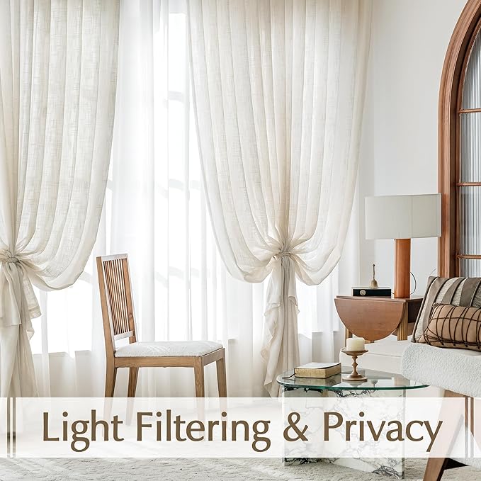 FMFUNCTEX Linen Semi Sheer Curtains for Bedroom, Natural Curtains 72 Inch Length for Living Room, Country Farmhouse Sheer Drapes, Light Filtering Window Curtain, Grommet Top 2 Panels