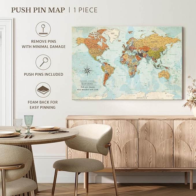 ElephantStock - Personalized Wanderer Push Pin World Map Wall Art - Horizontal Canvas Wall Art - Living Room Wall Decor - Digital Art Map Canvas Art - Orange And Blue Decor - 30" x 20"