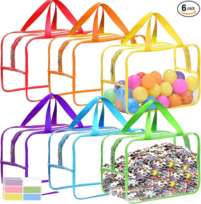 12.6 * 9.25 * 6.9 IN Extra Large Toy Storage Bags, 6 Packs Clear Colorful Waterproof Toy Organizer Bags with Labels, Dual Zippers and Portable Handheld Design, Board Game Storage for Building Blocks