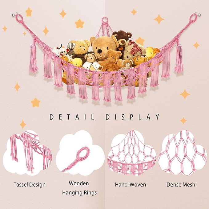 Stuffed Animal Hammock with LED Light, Large Stuffed Animals Storage Corner Plushie Net for Kids Room Decor, Jumbo Pink