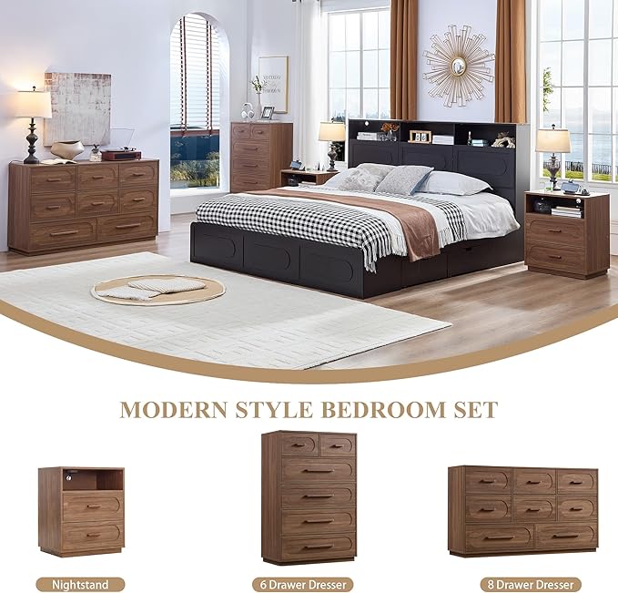 Walnut 8 Drawer Dresser for Bedroom, 54" Wide Dressers & Chests of Drawers w/Solid Wood Handle, Mid Century Dresser TV Stand w/Natural Texture for Bedroom, Living Room