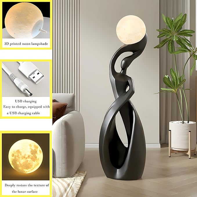 Bofea-Unique Moon Floor Lamp for Living Room,Modern Black Standing Lamps with 3D Printing Frosted Shade,Corner Art Deco Lamp,Creative Resin Tall Floor Lights for Living Room Bedroom.