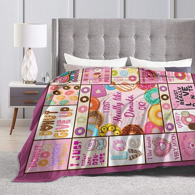 Pink Donut Fleece Blanket Dessert Throw Blankets for Girls Boys Super Soft Warm Flannel Cute Food Throws Gifts for Men Women Cozy Fuzzy Plush Stuffed Couch Bed Bedding Decor 80"x60"