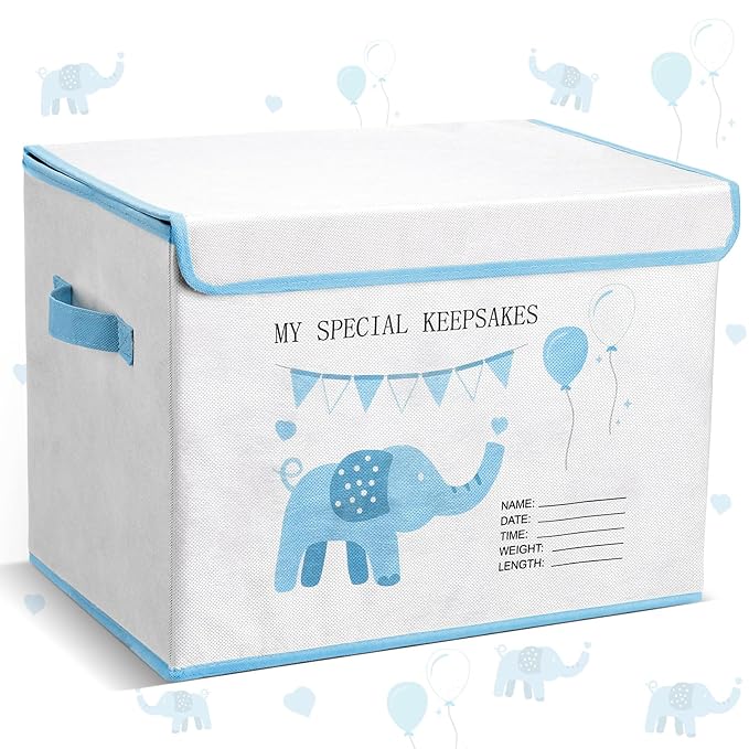 LemonRoad 16x12x12inch Baby Memories Keepsake Box Baby Shower Blue White Elephant First Keepsake Box New Parent Newborn Baptismal Birthday Gift for Mementos Travel Loved Ones Treasured Keepsakes