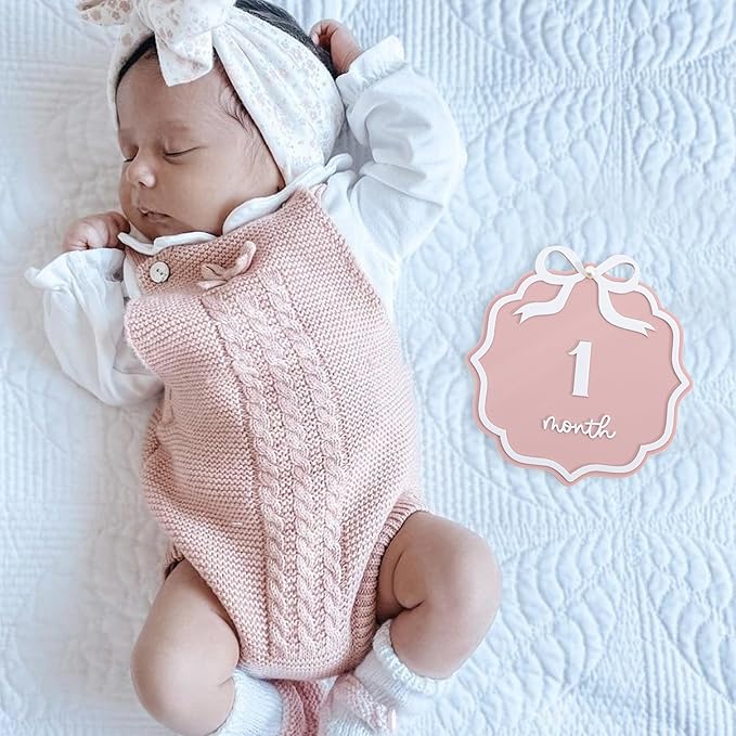 Pink Acrylic 1 to 12 Months Milestone Cards - Little Princess First Year Photo Props,Double Sided Monthly Growth Record Sign,Newborn 1st Birthday Milestone Board,Bow Nursery Decorations