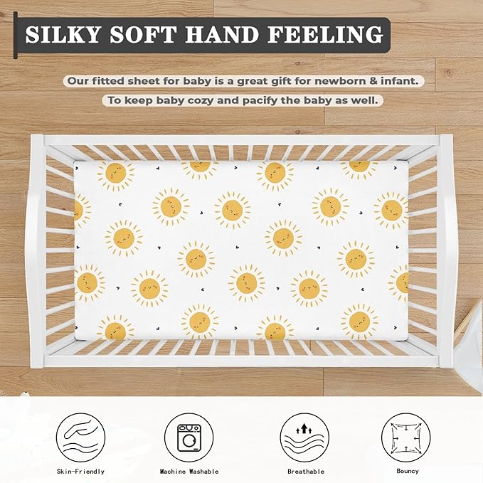 Suns Hearts Fitted Crib Sheet for Boys Girls Yellow Sun and Little Heart Baby Sheet for Standard Crib and Toddler Cute Sunshine Nursery Bed Mattress Sheets 28"x52"