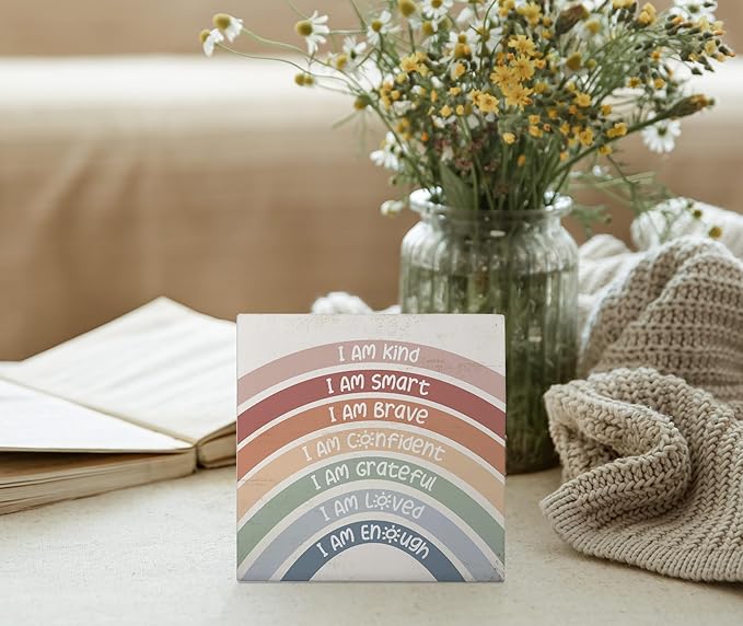 Mtrgdn Boho Rainbow Classroom Decor,Inspirational Kids Room Desk Decor,Positive Affirmations Wooden Box Sign for Classrom Nursery Kids Bathroom Bedroom Shelf Decorations,5x5 Inch
