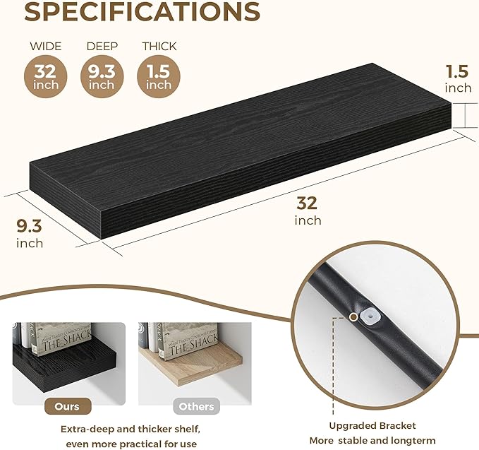 Dreamland 32 Inches Floating Shelves for Wall, 9.3" Deep Long Floating Shelves Set of 2, Large Display & Storage Shelf, Wall Shelf for Bathroom Bedroom Living Room Kitchen Office, Black