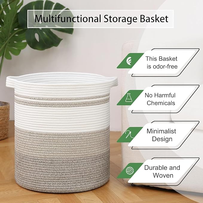 laundry hamper 18x18x20,80L – large basket for blankets,toy basket, Cotton Rope Blanket Basket Living Room, Baby Laundry hamper for Blanket, Nursery, –stuffed animal storage( Double khaki)