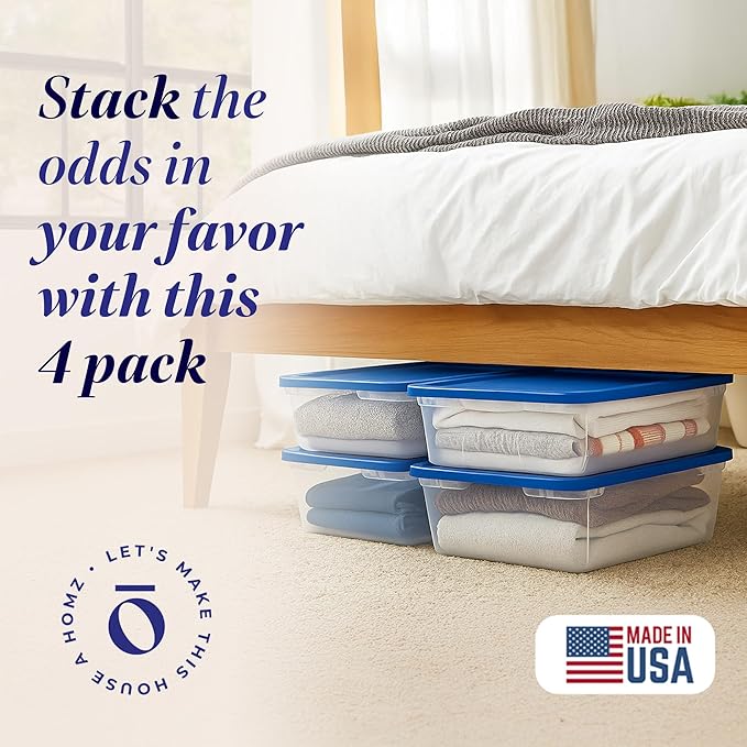 HOMZ 4-Pack Snaplock, Small Clear Plastic Storage Organizer Bins w/Lids, 28 Quart, Blue - Stackable Container Boxes for Bedroom, Bathroom, Garage, and Office Organization