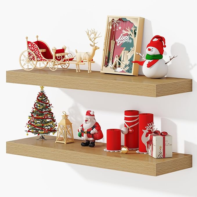 Dreamland 32 Inches Floating Shelves for Wall, 9.3" Deep Long Floating Shelves Set of 2, Large Display & Storage Shelf, Wall Shelf for Bathroom Bedroom Living Room Kitchen Office, Oak
