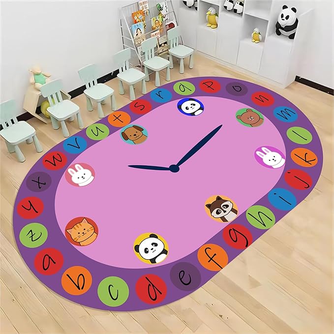 Children's Area Rugs, 3x5ft, Alphabet Animal Early Learning Oval Rug, Cartoon Animal Pointer Print Playmat, Non-Slip Washable Purple Floor Carpet for Kids Room Classroom Nursery