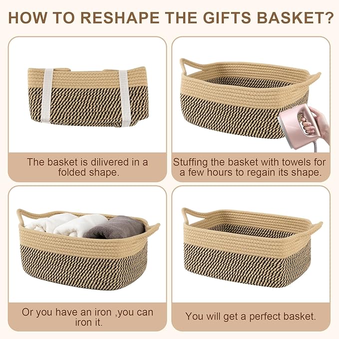 OIAHOMY Small Woven Rope Basket with Gift Bags and Ribbons, Gift Basket Empty for Baby Shower Birthday, Halloween, Christmas, Cute Cat Ear Handles for Shelf Living Room Bathroom, Grey & White