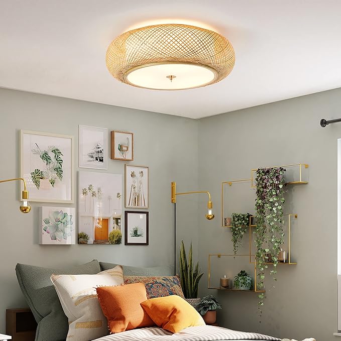 Bamboo Flush Mount Ceiling Light Handwoven Rattan Light Fixture, 3 Lights Boho Ceiling Lamp for Bedroom, Kitchen, Nursery (19-inch)