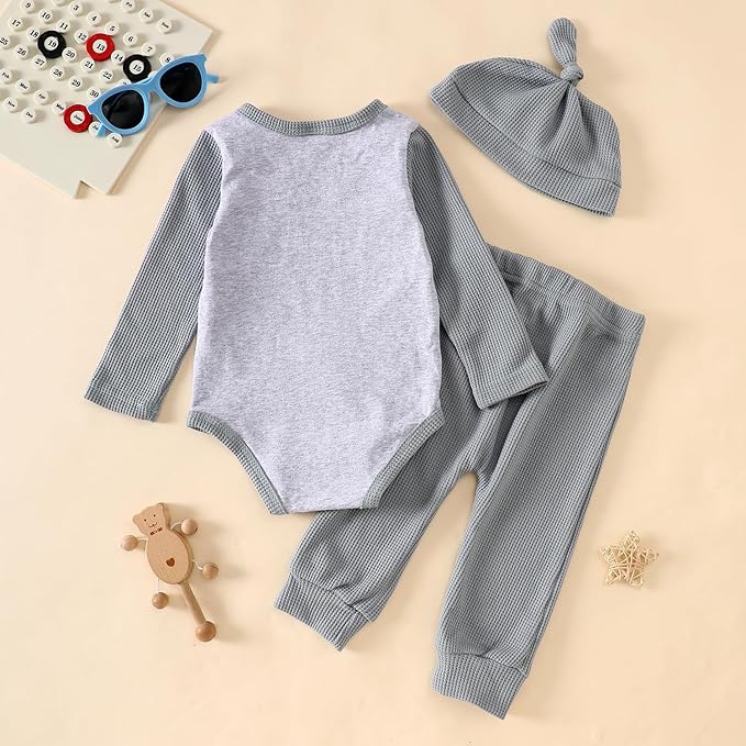 Baby Boys Girls 3PCS Waffle Knit Outfit Set, Long Sleeve Romper+Drawstring Elastic Pants+Hat for 0-24Months
