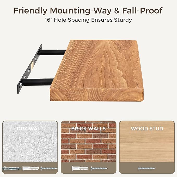 Floating Shelves 30" W x 8" D, Solid Elm Wood Shelves for Wall, 8 Inch Deep Floating Shelves for Home Storage & Display, Rustic Wooden Bathroom Shelves 30 Inch Long, Set of 2, Heavy-Duty Bookshelf