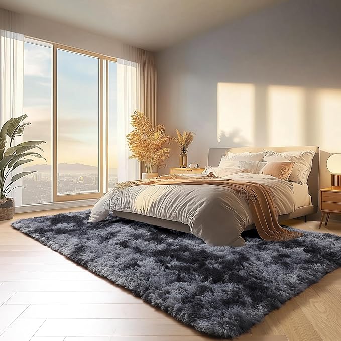 ONASAR Area Rugs for Bedroom Living Room, Washable Fluffy Tie-Dyed Dark Grey 4x6 Indoor Bedside Floor Throw Rug, Soft Plush Shaggy Carpet for Nursery Kids Girls Boys Teen Dorm Home Office Decor