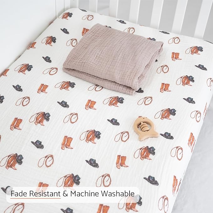 LollyBanks Baby Crib Sheets 2 Pack, 100% Cotton Muslin Breathable Fitted Crib Sheet for Boys, Soft and Snug Baby Bed Sheets for Standard 52"x28" Mattress, Infant Essentials (Cowboy and Solid Tan)